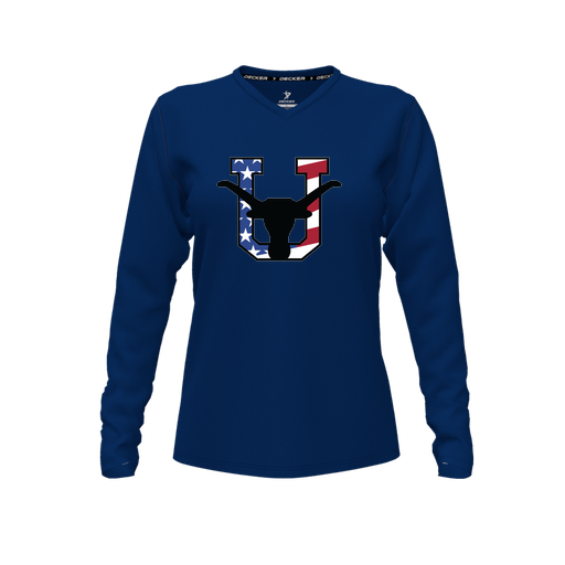[CUS-DFW-TEES-CMF-VNK-LSL-NVY-FYXS-LOGO1] Decker Comfort T-Shirt (Female Youth XS, Navy, V Neck, Logo 1, Long Sleeve)