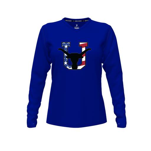 [CUS-DFW-TEES-CMF-VNK-LSL-RYL-FYXS-LOGO1] Decker Comfort T-Shirt (Female Youth XS, Royal, V Neck, Logo 1, Long Sleeve)