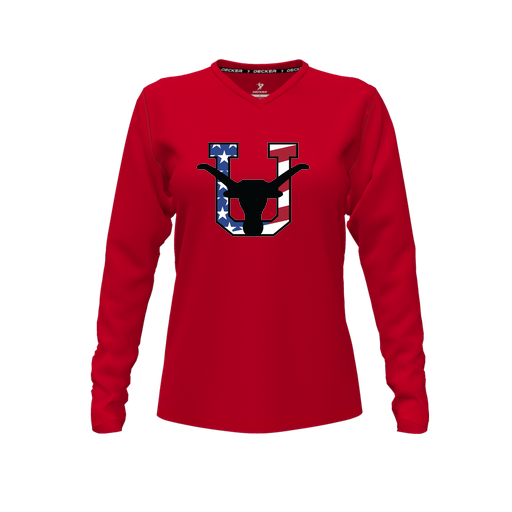 [FTLVPTRD-FYXS-LOGO1] Decker Performance T-Shirt (Female Youth XS, Red, V Neck, Logo 1, Long Sleeve)