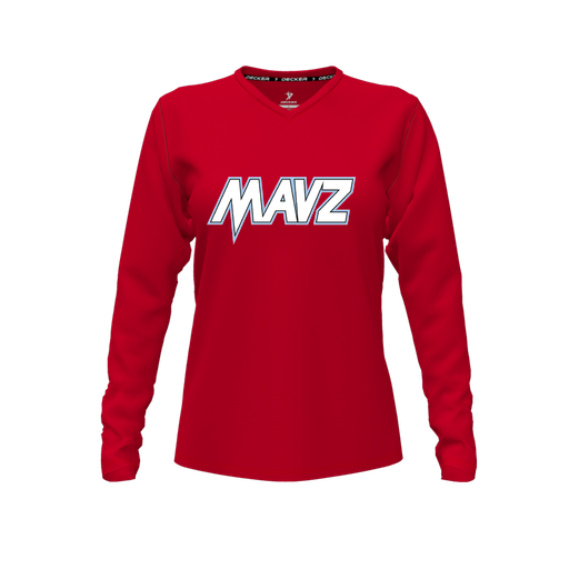 [CUS-DFW-TEES-PER-VNK-LSL-RED-FYXS-LOGO2] Decker Performance T-Shirt (Female Youth XS, Red, V Neck, Logo 2, Long Sleeve)
